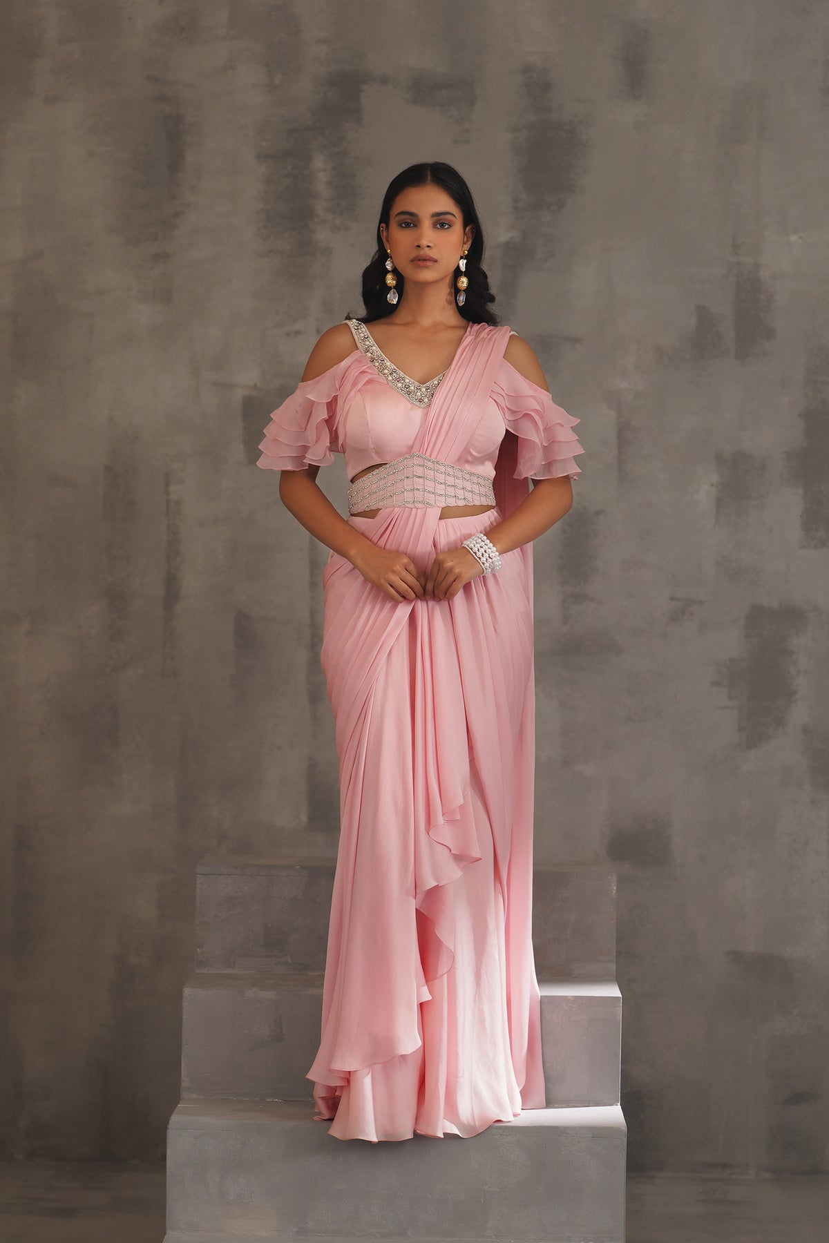 Baby Pink Embroidered Blouse And Draped Saree