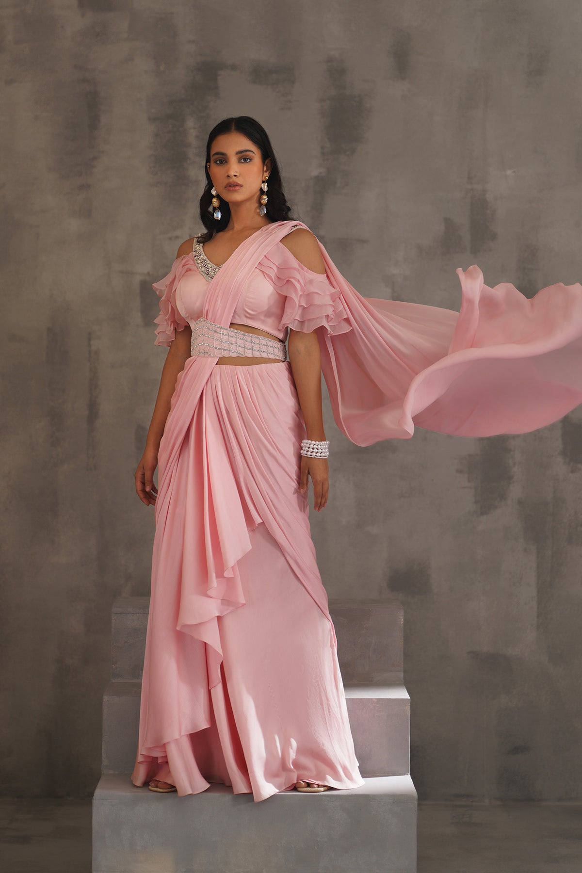 Baby Pink Embroidered Blouse And Draped Saree