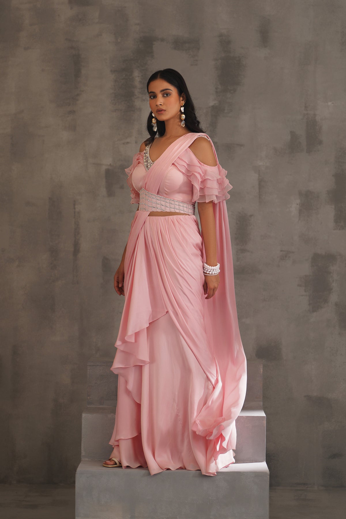 Baby Pink Embroidered Blouse And Draped Saree