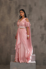 Baby Pink Embroidered Blouse And Draped Saree