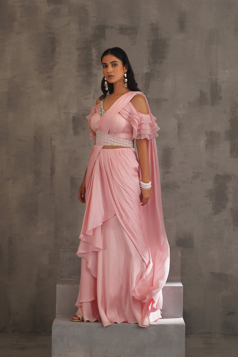 Baby Pink Embroidered Blouse And Draped Saree