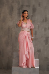 Baby Pink Embroidered Blouse And Draped Saree