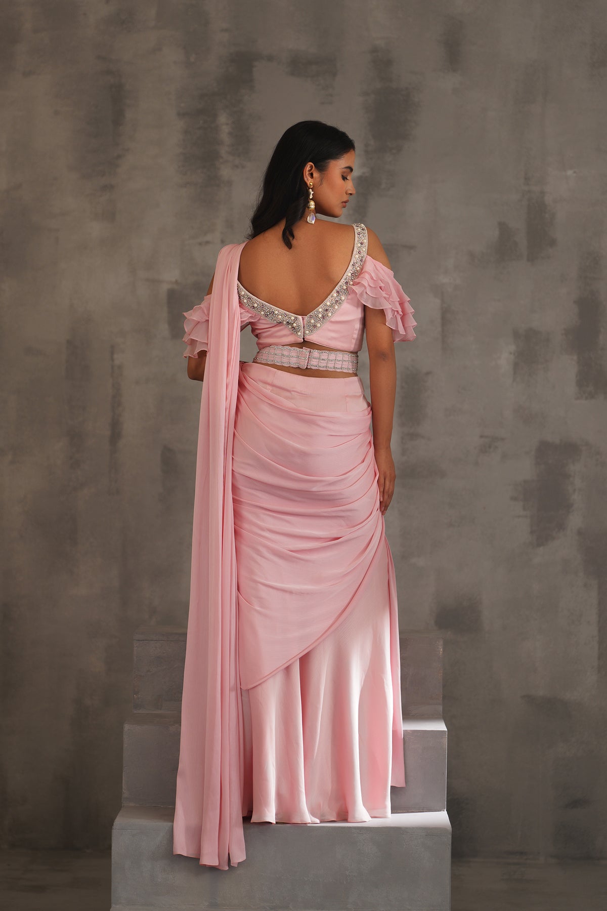 Baby Pink Embroidered Blouse And Draped Saree