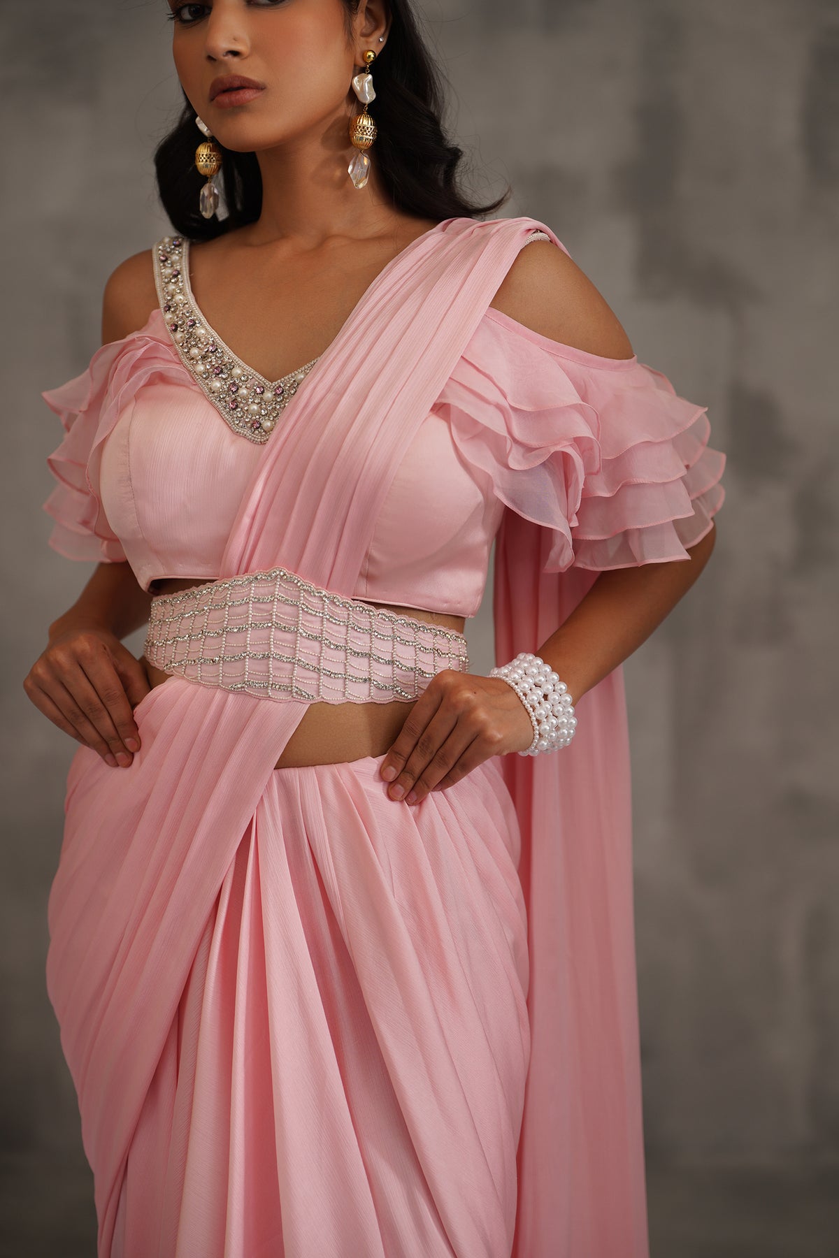 Baby Pink Embroidered Blouse And Draped Saree