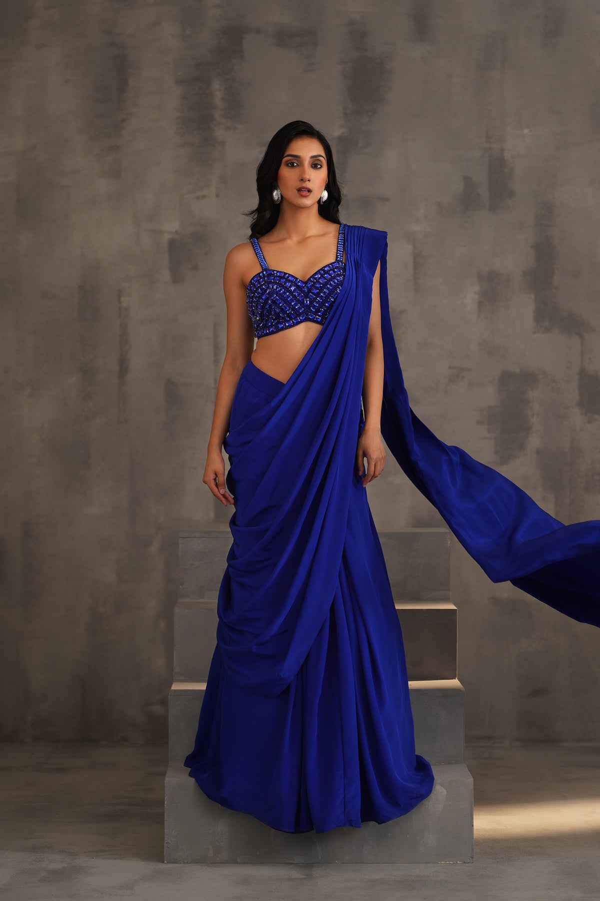 Royal Blue Embroidered Blouse And Drape Saree