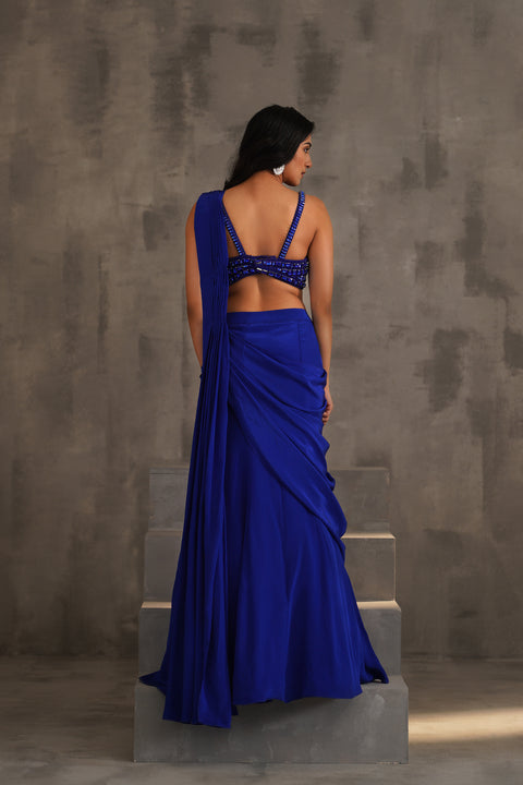 Royal Blue Embroidered Blouse And Drape Saree
