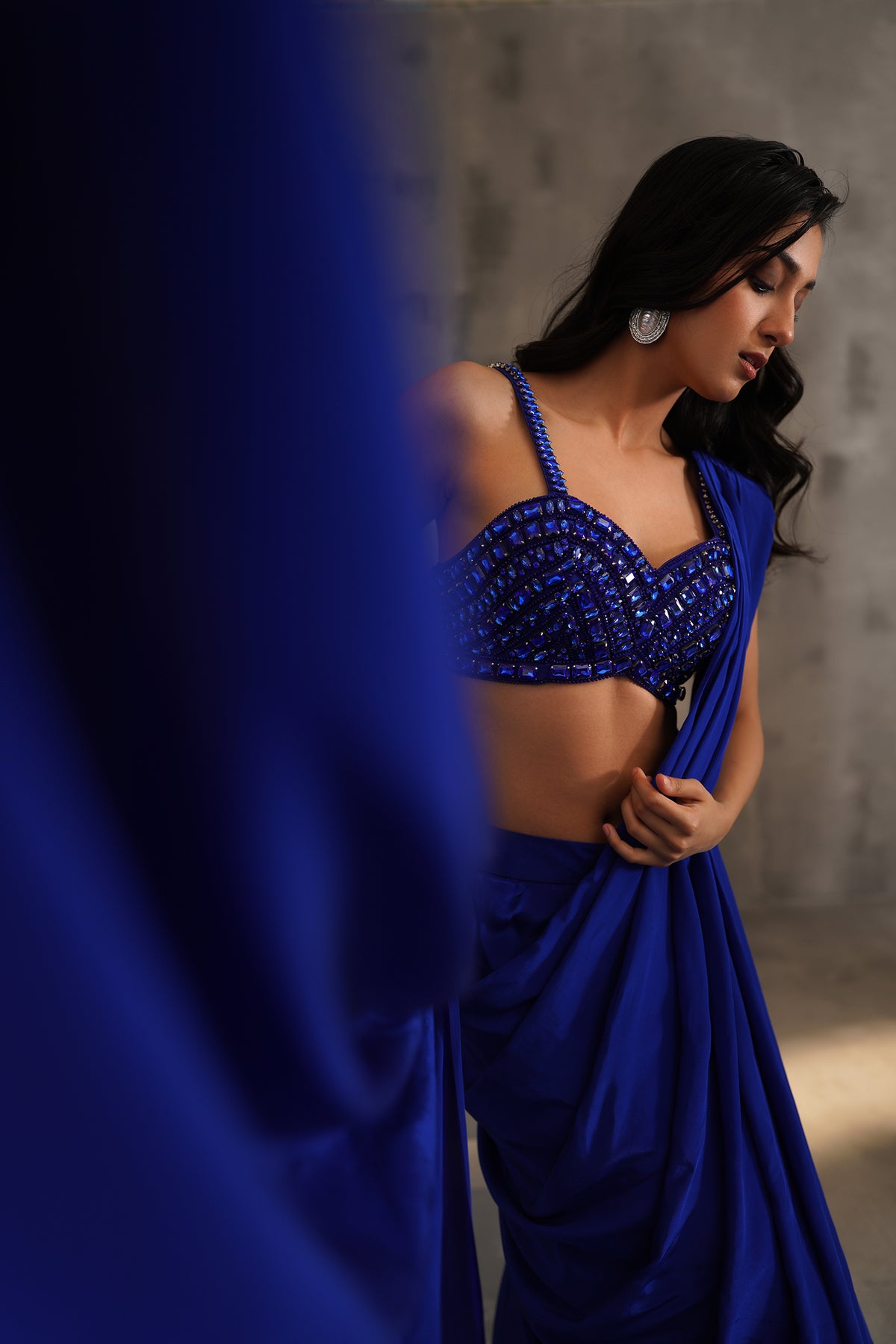 Royal Blue Embroidered Blouse And Drape Saree