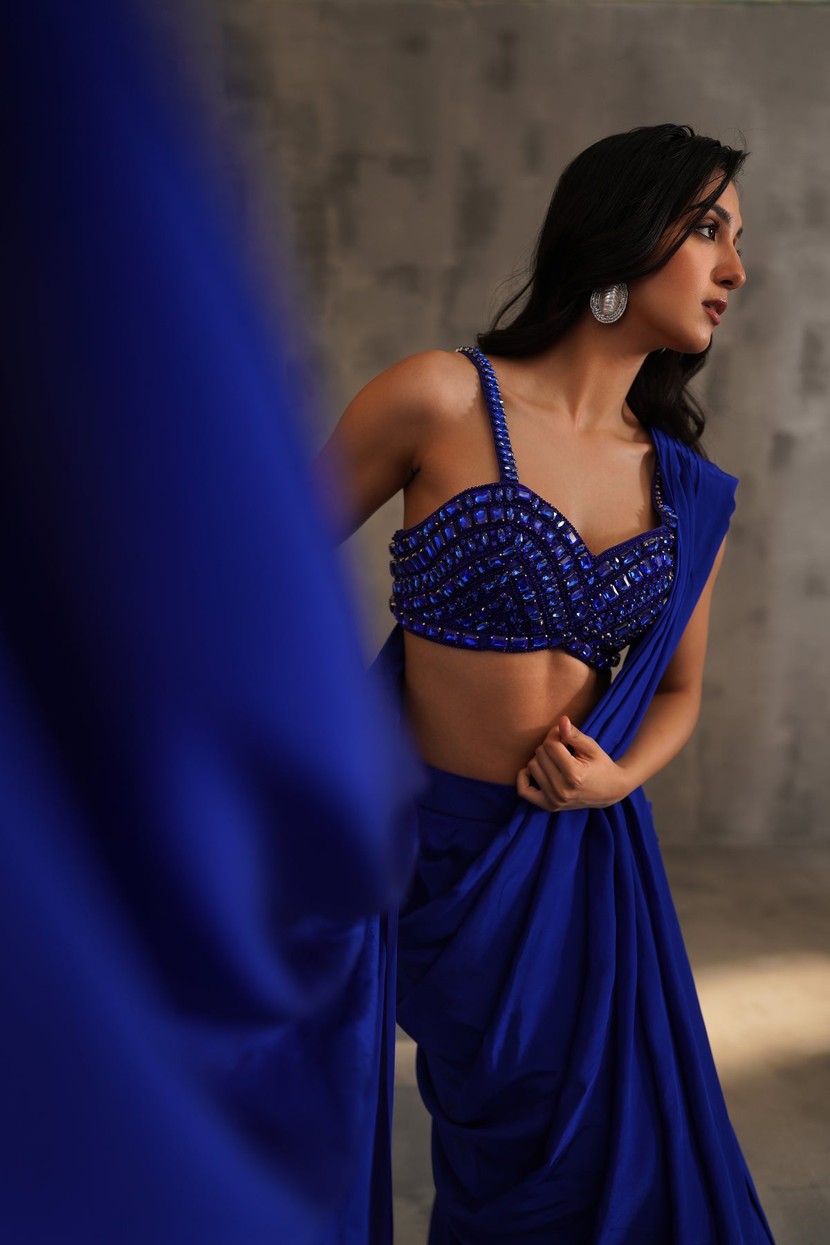 Royal Blue Embroidered Blouse And Drape Saree