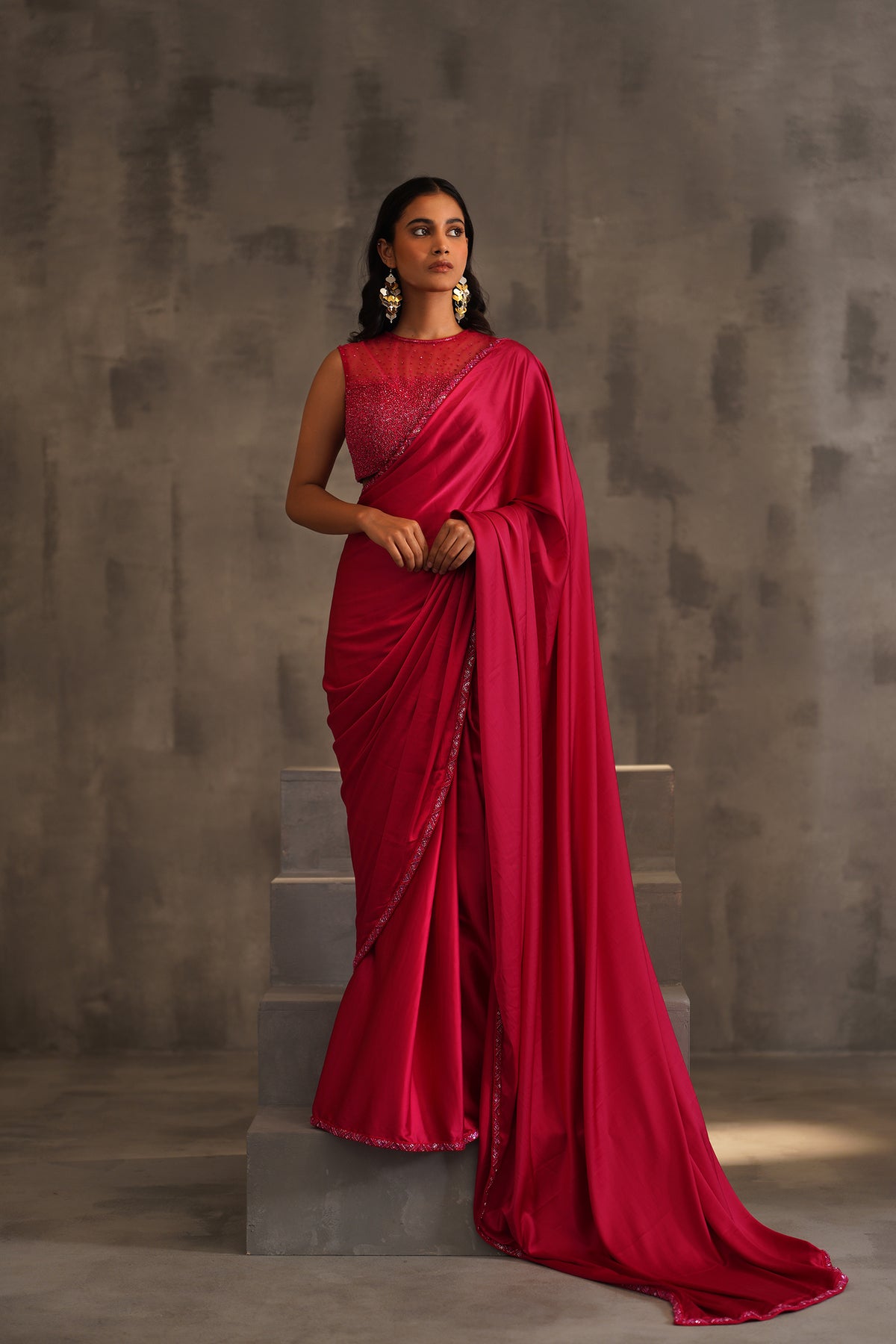 Fuchsia Embroidered Blouse And Pre Pleated Saree