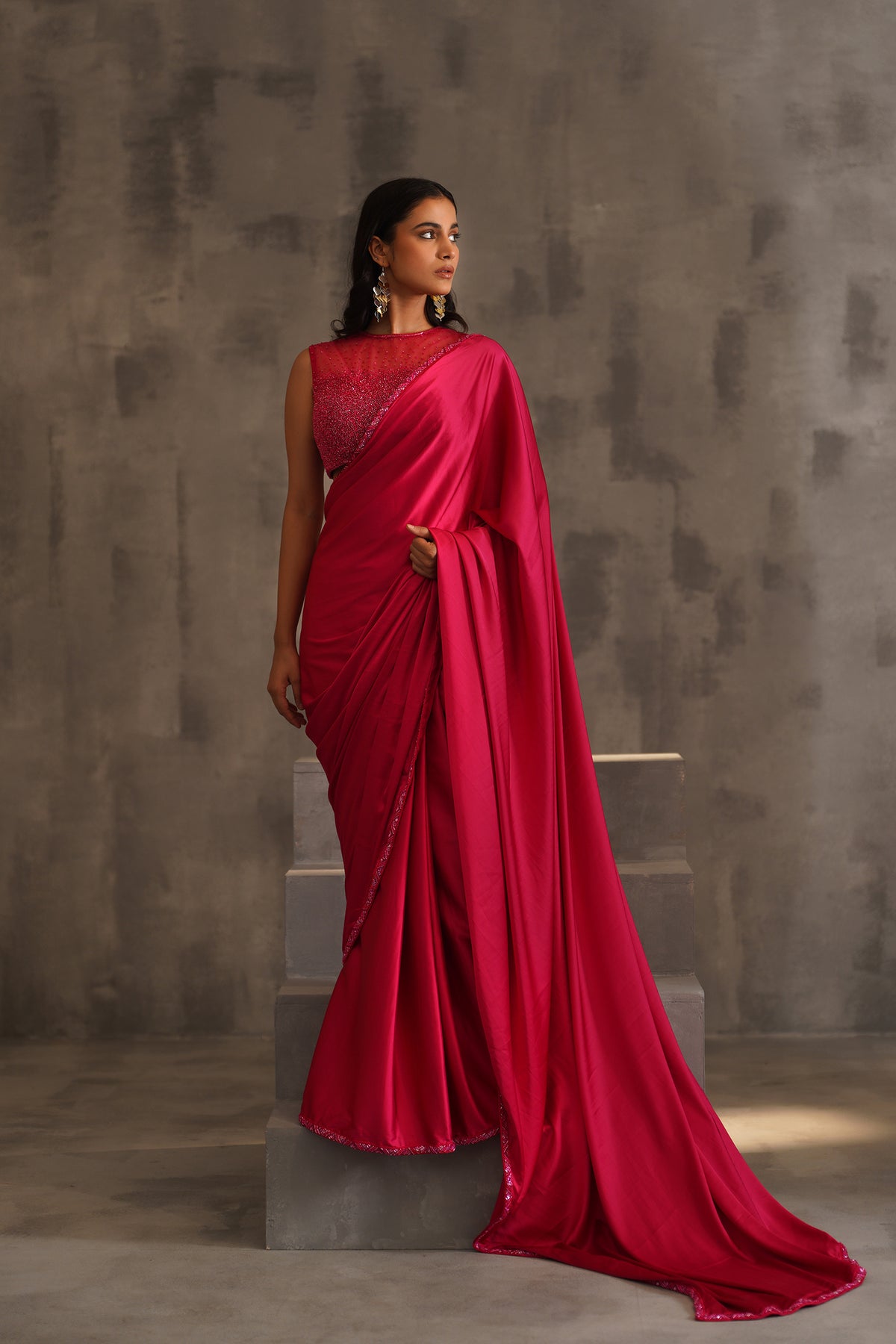 Fuchsia Embroidered Blouse And Pre Pleated Saree