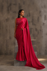 Fuchsia Embroidered Blouse And Pre Pleated Saree