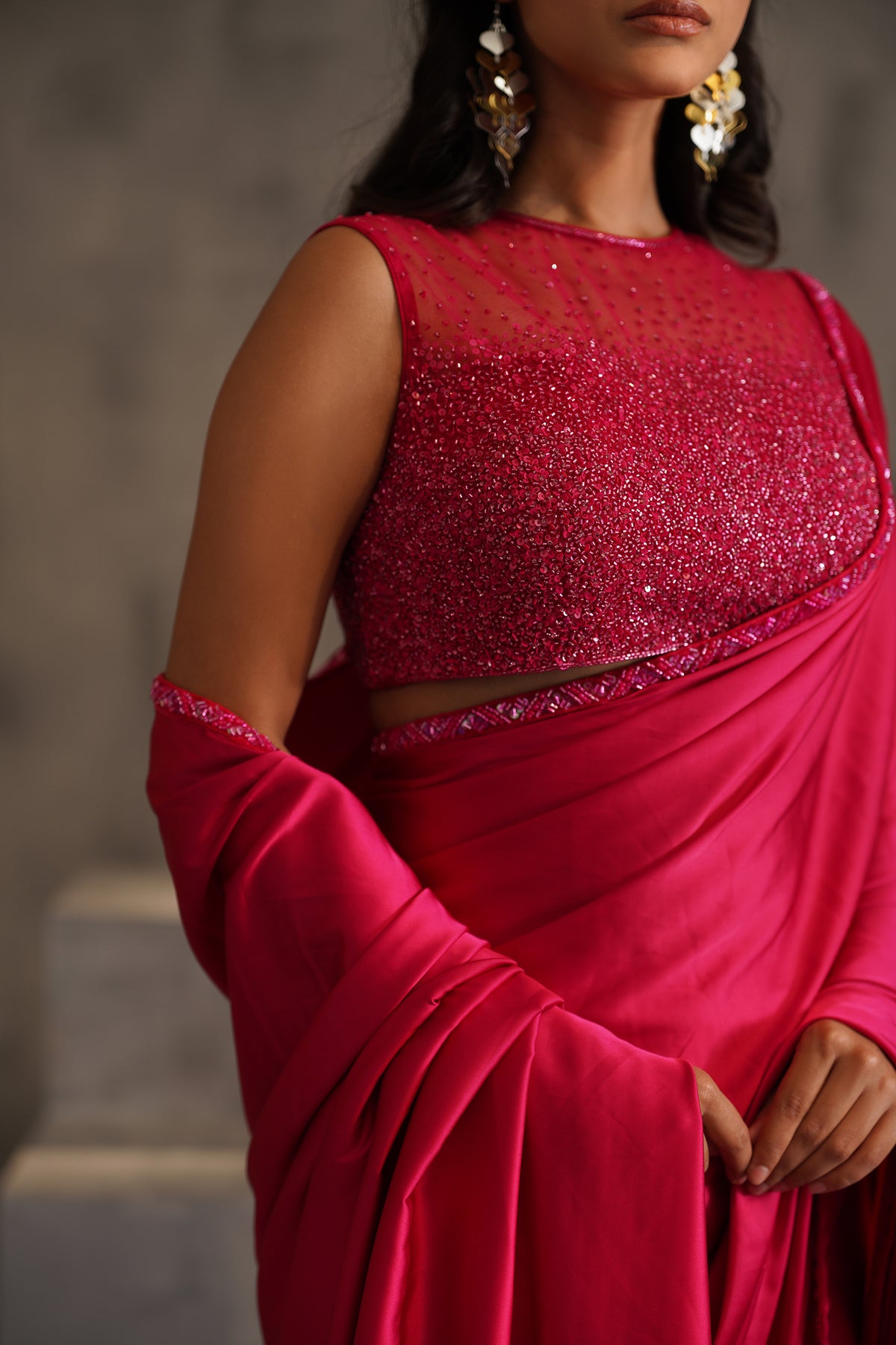 Fuchsia Embroidered Blouse And Pre Pleated Saree