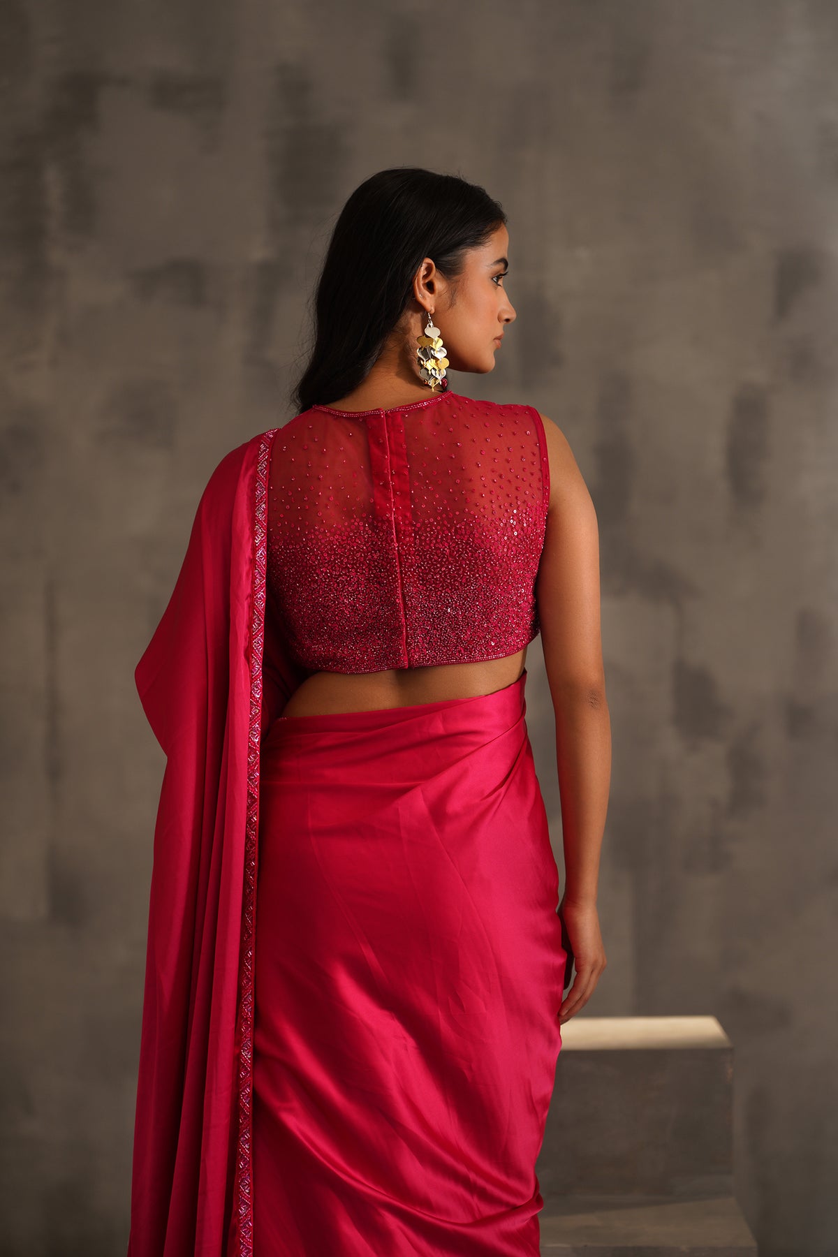 Fuchsia Embroidered Blouse And Pre Pleated Saree