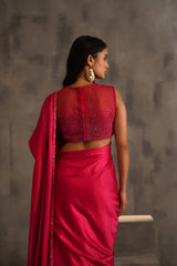 Fuchsia Embroidered Blouse And Pre Pleated Saree