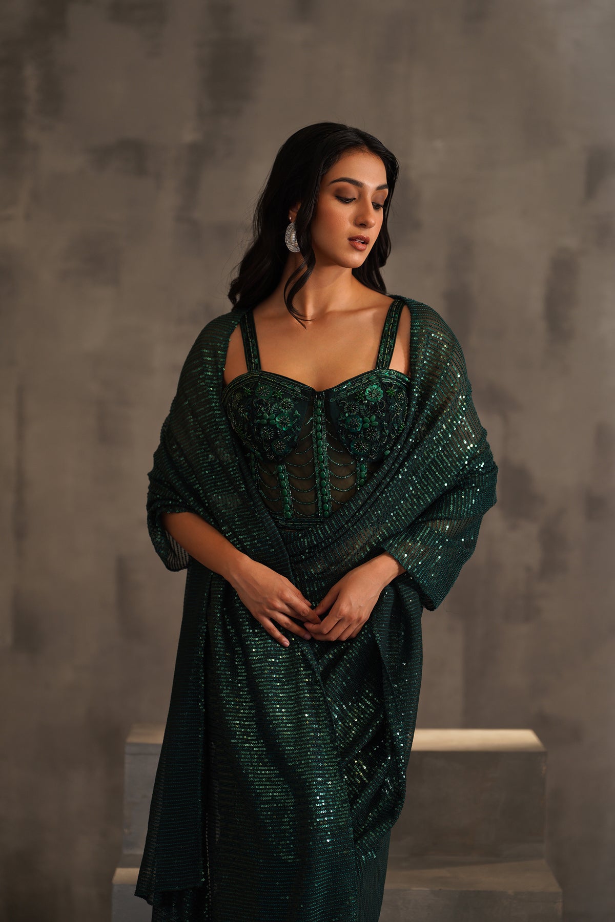 Bottle Green Embroidered Corset And Drape Saree
