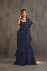 Navy Blue Embroidered Bustier And Drape Saree