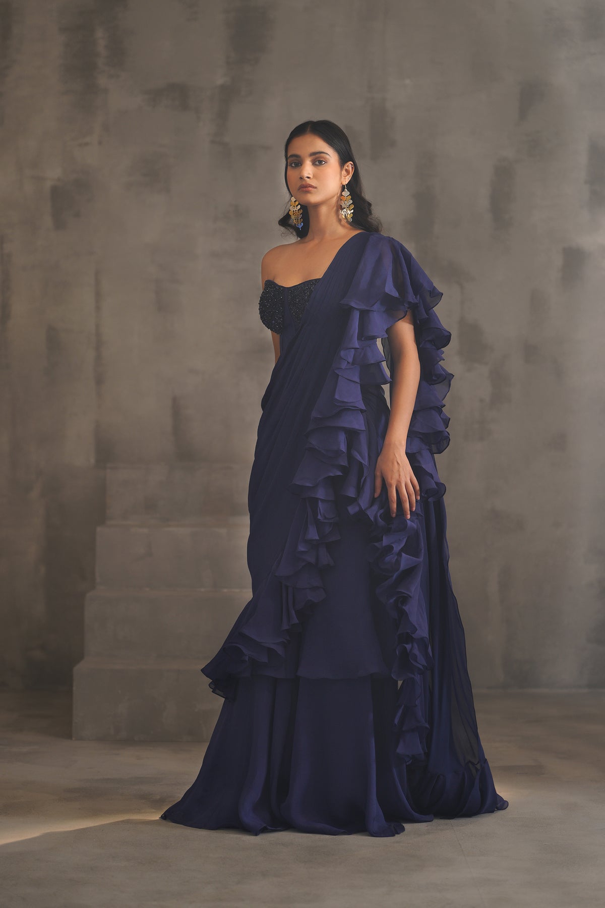 Navy Blue Embroidered Bustier And Drape Saree