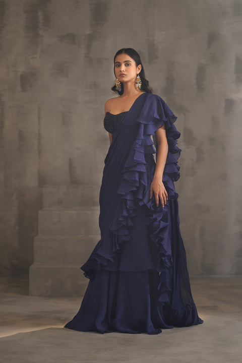 Navy Blue Embroidered Bustier And Drape Saree
