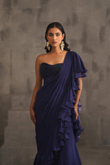 Navy Blue Embroidered Bustier And Drape Saree