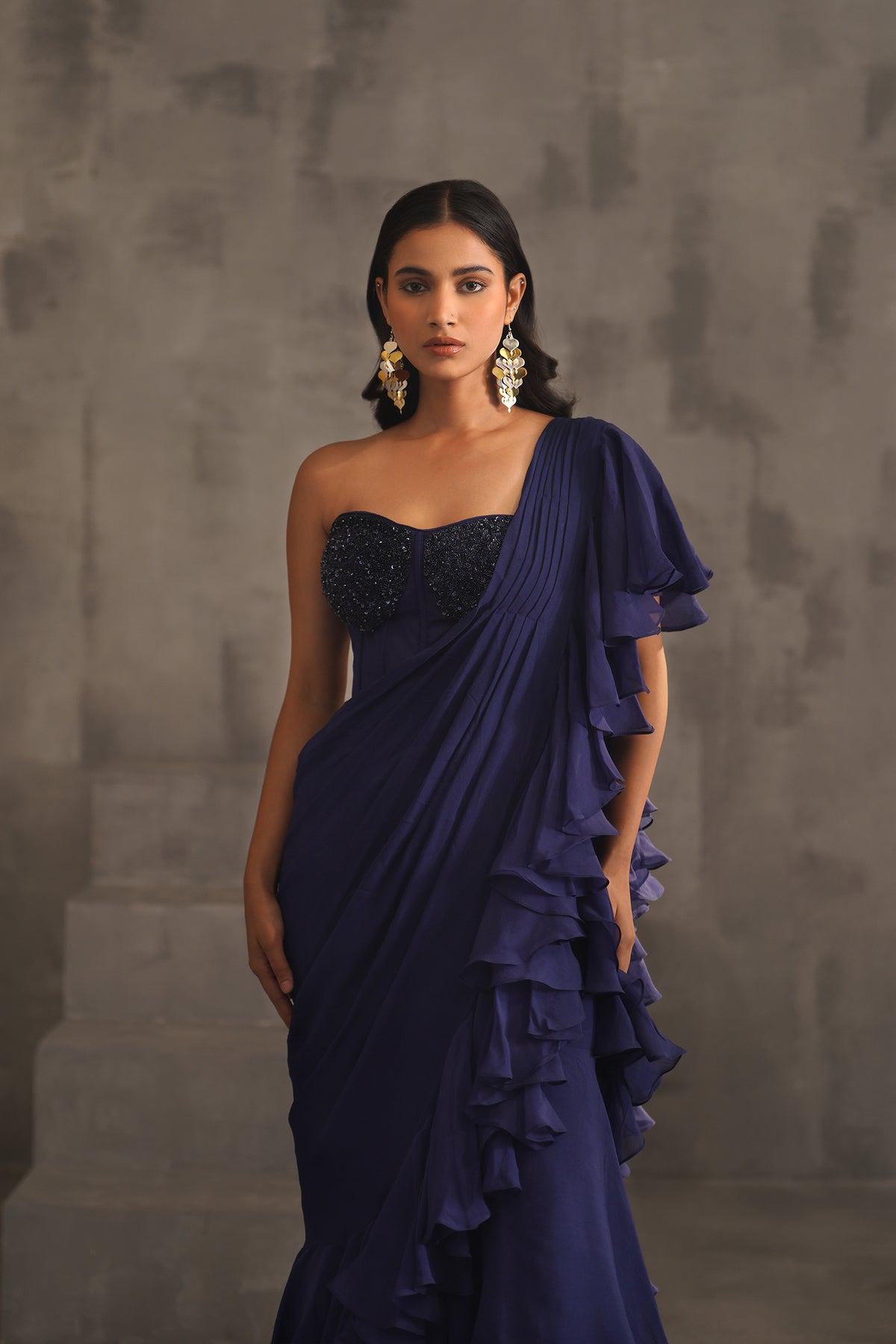 Navy Blue Embroidered Bustier And Drape Saree