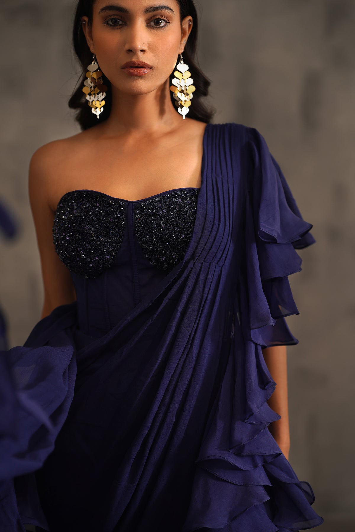 Navy Blue Embroidered Bustier And Drape Saree