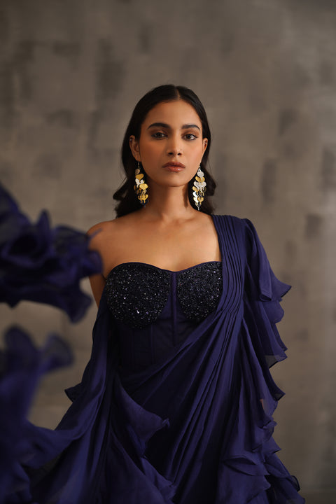 Navy Blue Embroidered Bustier And Drape Saree