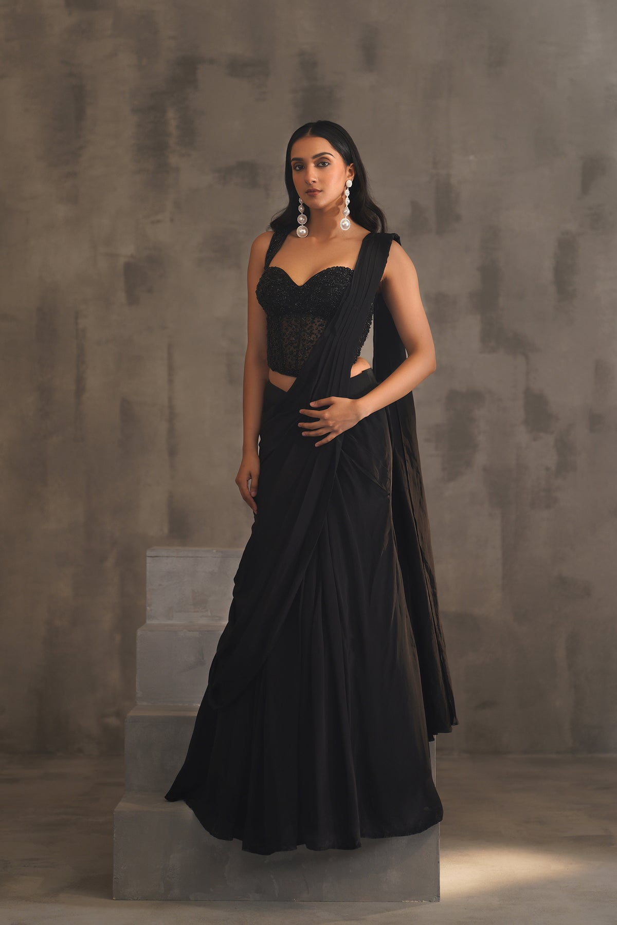 Black Embroidered Corset And Drape Saree