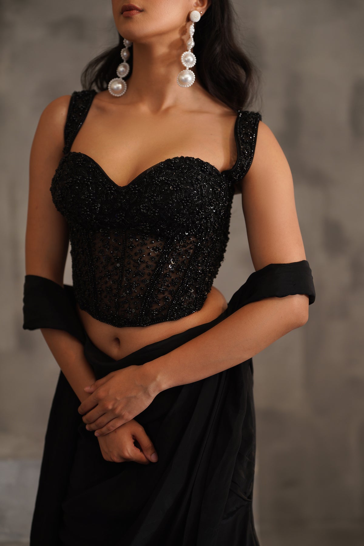 Black Embroidered Corset And Drape Saree
