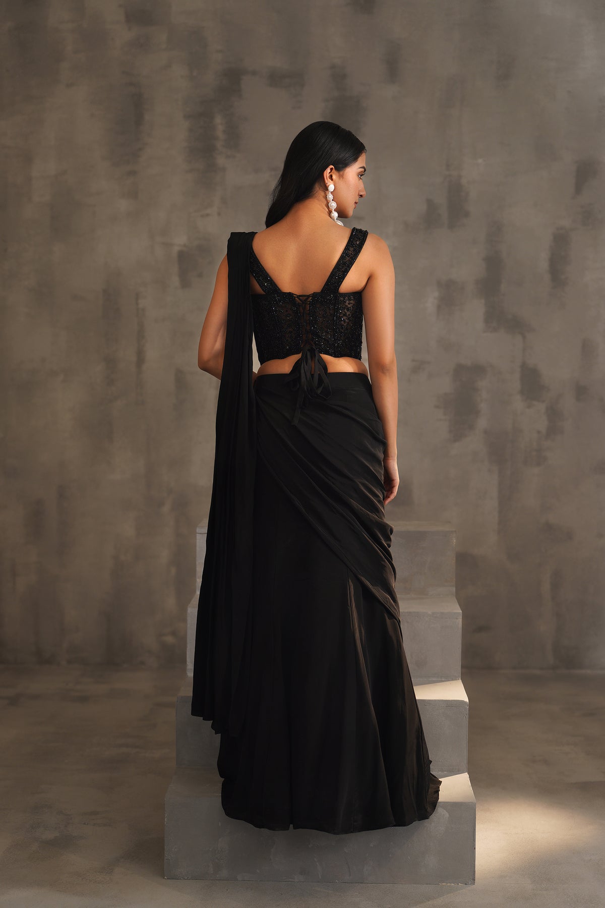 Black Embroidered Corset And Drape Saree