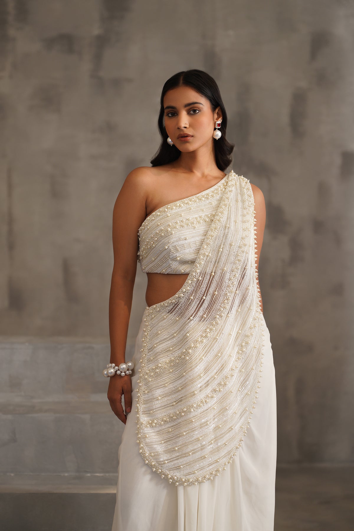 Off White Embroidered Bouse, Drape Saree