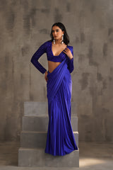 Royal Blue Embroidered Blouse And Drape Lycra Saree