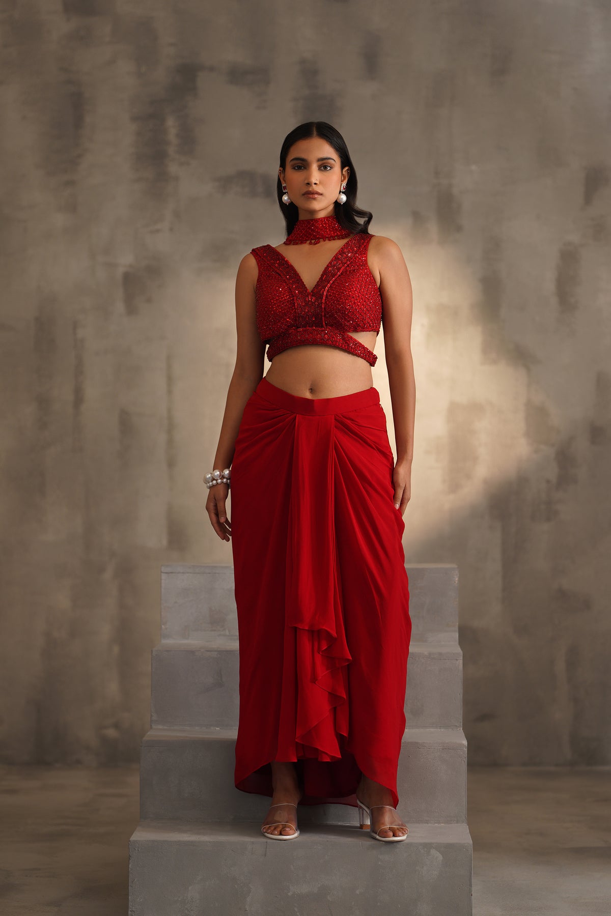 Red Embroidered Blouse And Dhoti Skirt, Choker Dupatta