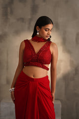 Red Embroidered Blouse And Dhoti Skirt, Choker Dupatta