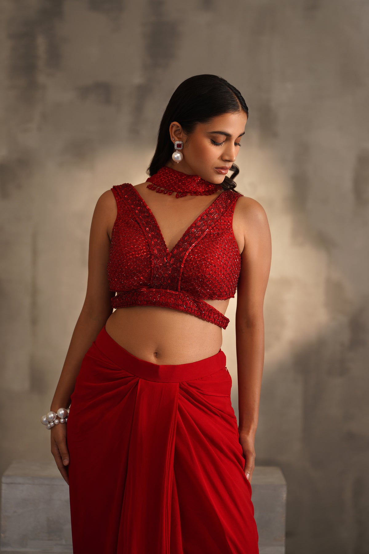 Red Embroidered Blouse And Dhoti Skirt, Choker Dupatta