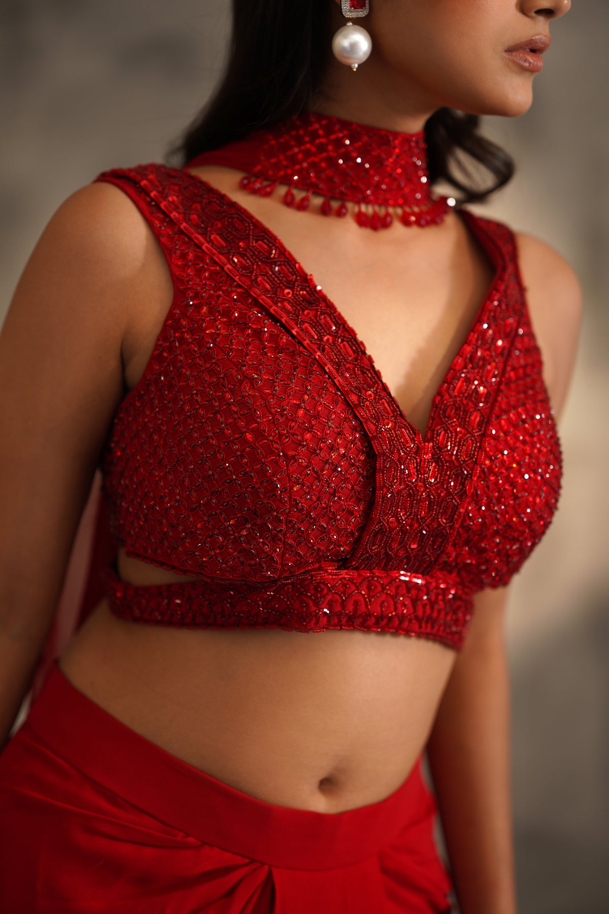 Red Embroidered Blouse And Dhoti Skirt, Choker Dupatta