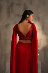 Red Embroidered Blouse And Dhoti Skirt, Choker Dupatta