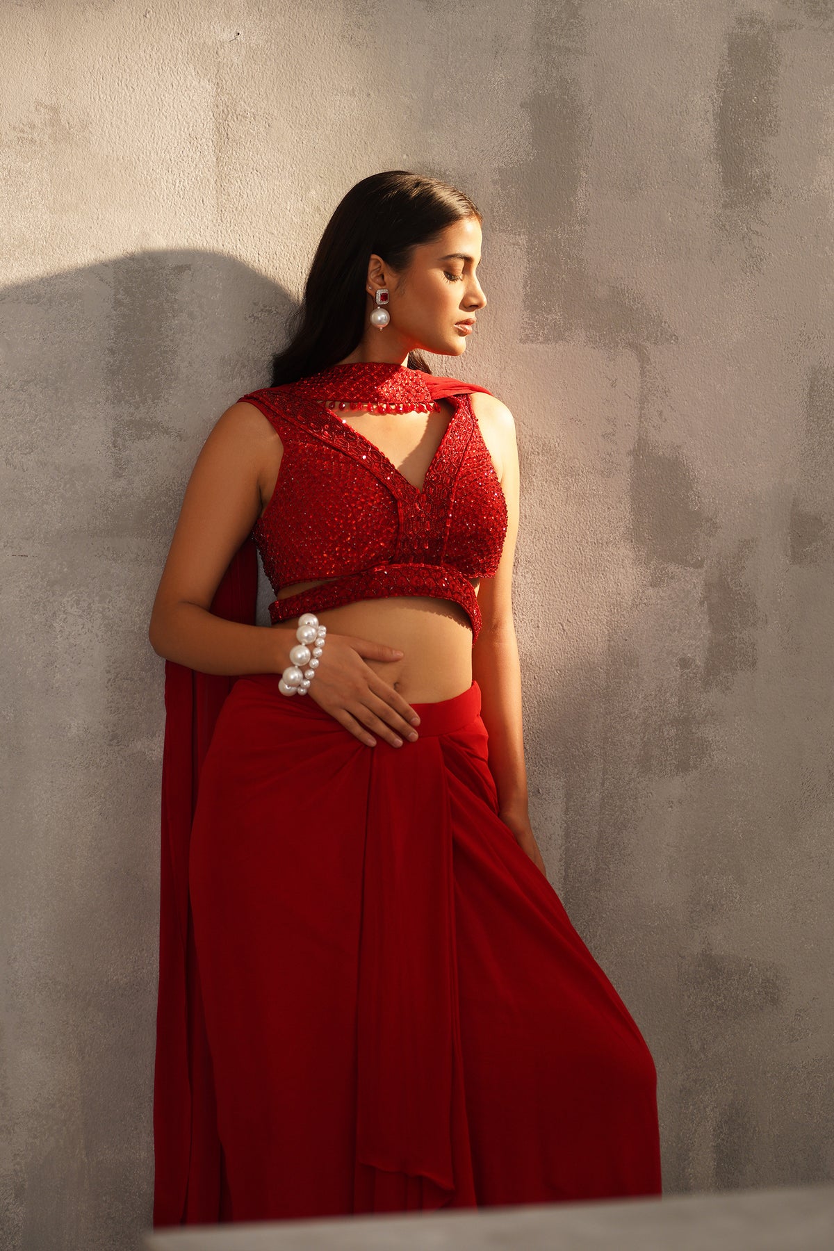 Red Embroidered Blouse And Dhoti Skirt, Choker Dupatta