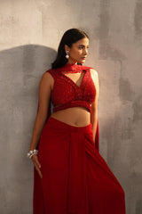 Red Embroidered Blouse And Dhoti Skirt, Choker Dupatta