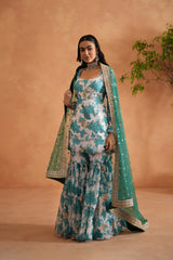 Teal Blue And White Printed Kurti, Garara And Dupatta