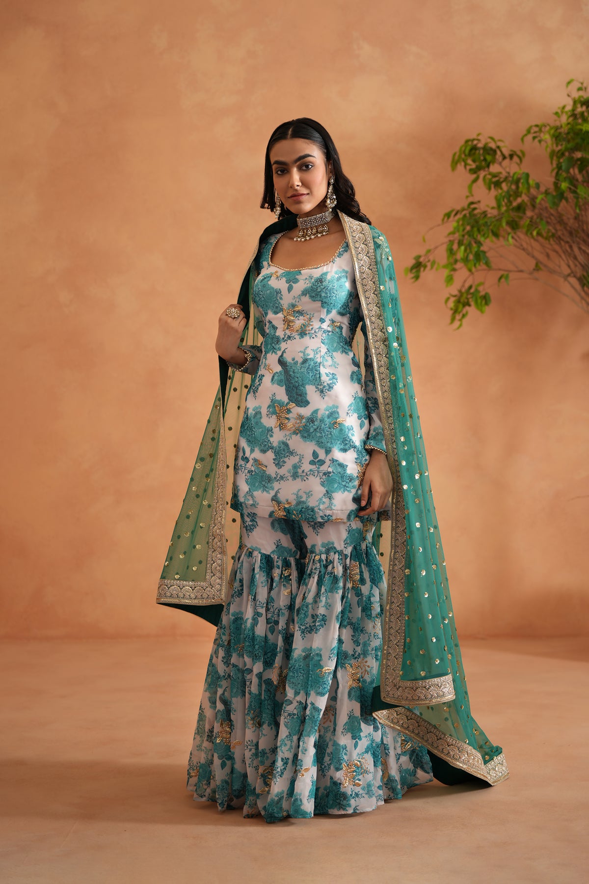 Teal Blue And White Printed Kurti, Garara And Dupatta