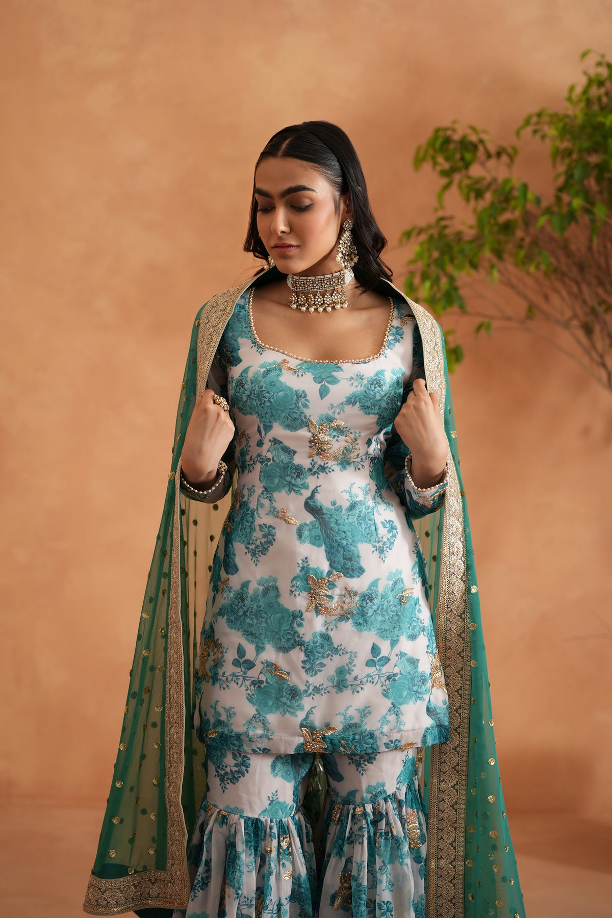 Teal Blue And White Printed Kurti, Garara And Dupatta