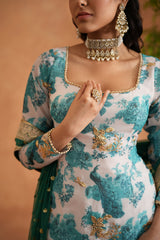 Teal Blue And White Printed Kurti, Garara And Dupatta