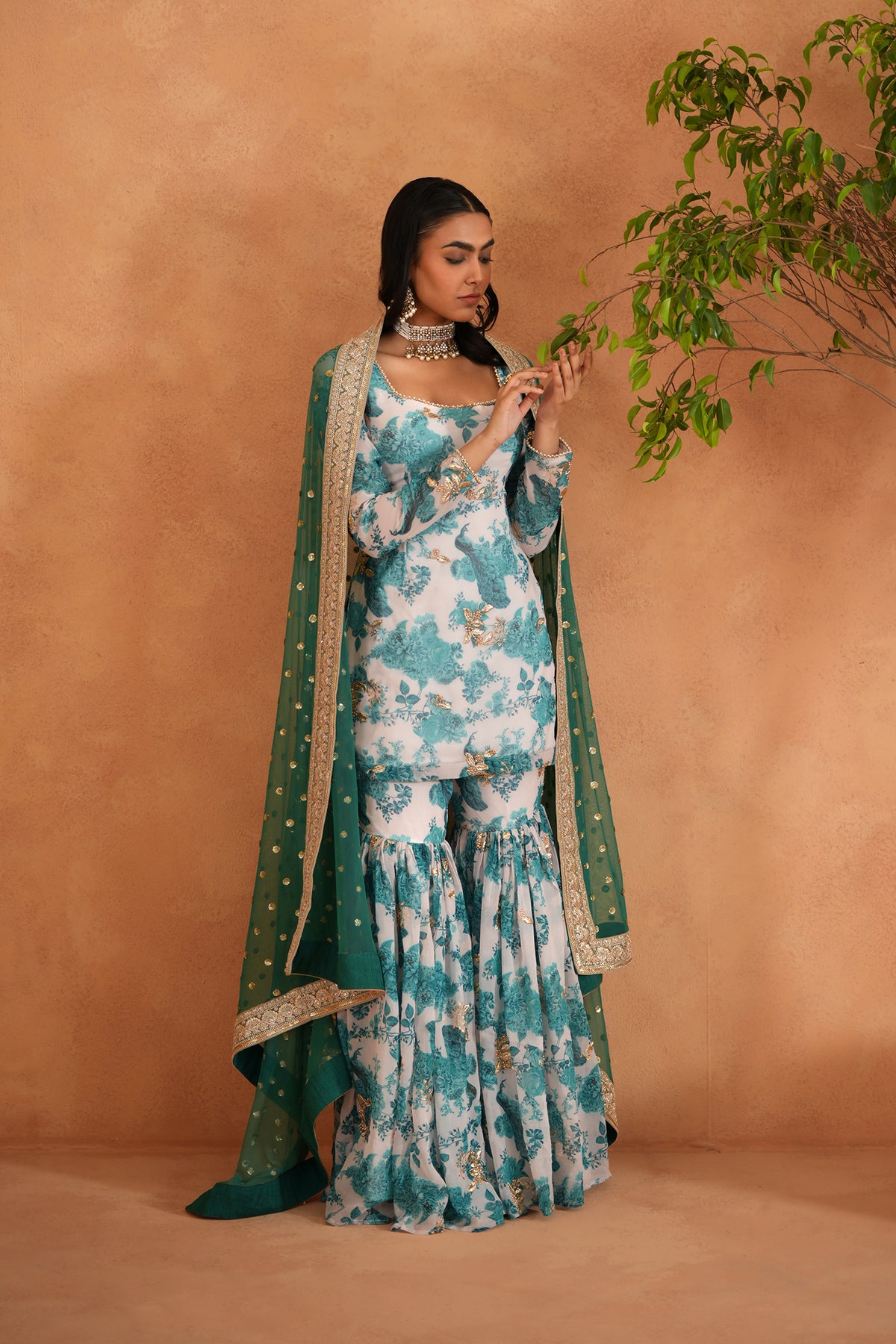 Teal Blue And White Printed Kurti, Garara And Dupatta