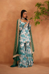Teal Blue And White Printed Kurti, Garara And Dupatta