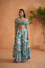 Teal Blue Mirror Blouse, Printed Garara And Cape