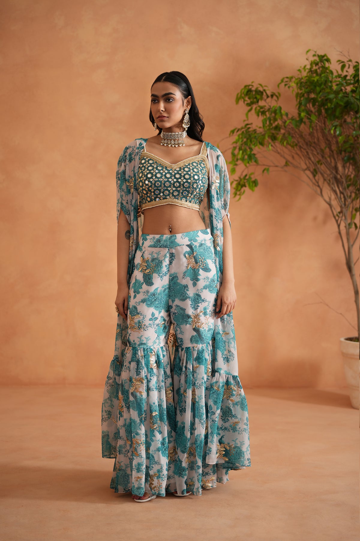 Teal Blue Mirror Blouse, Printed Garara And Cape