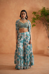 Teal Blue Mirror Blouse, Printed Garara And Cape