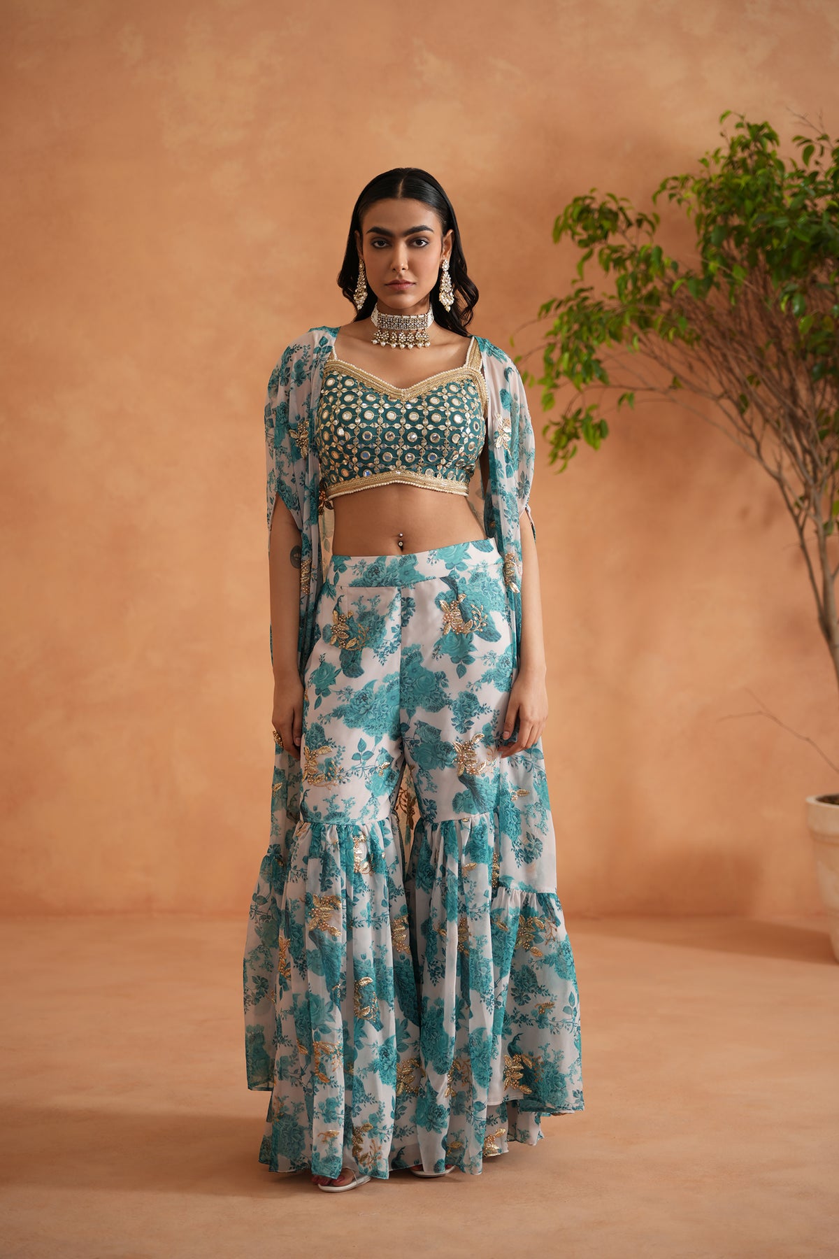 Teal Blue Mirror Blouse, Printed Garara And Cape