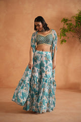 Teal Blue Mirror Blouse, Printed Garara And Cape
