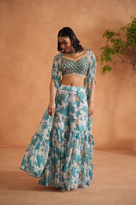 Teal Blue Mirror Blouse, Printed Garara And Cape
